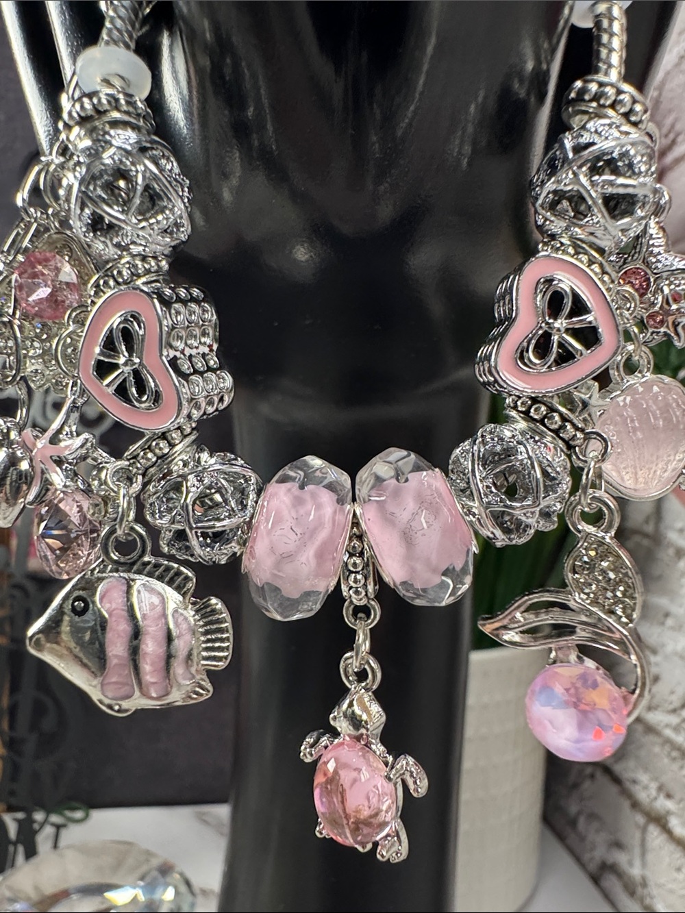 Pink Glass Bead Charm Bracelet with Heart and Sea Charms